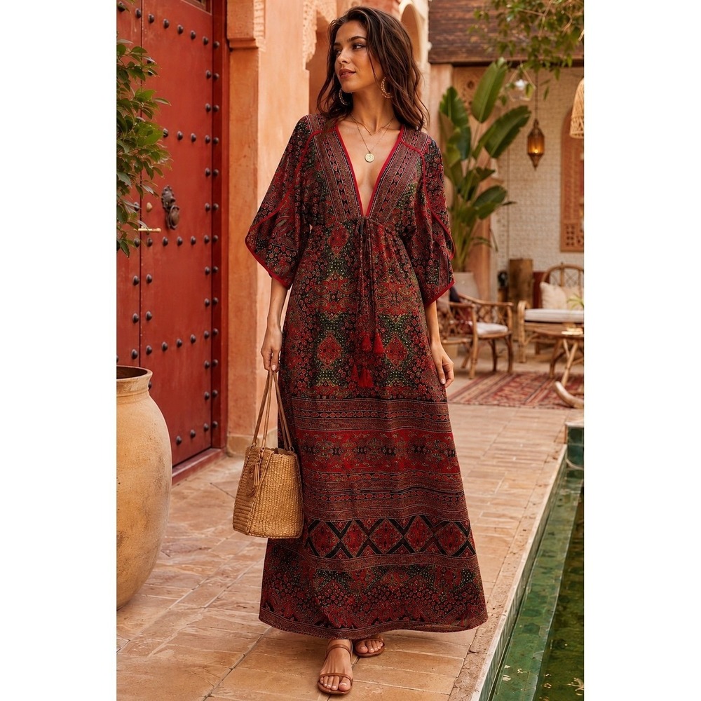 Fashion Nova Red and Black Printed Maxi Dress